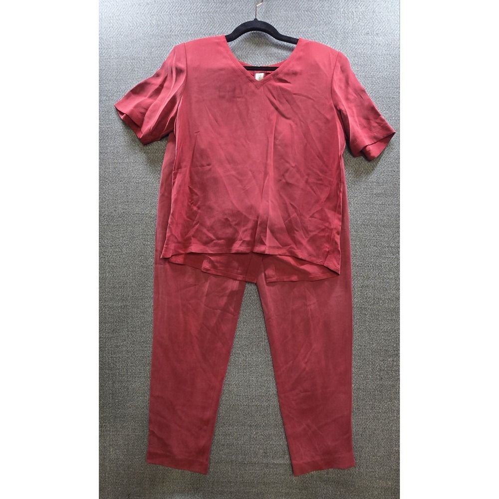 Vintage Dana Buchman 100% Silk 2pc Pant Set Sz 8/10 Red Tunic Trousers 90s